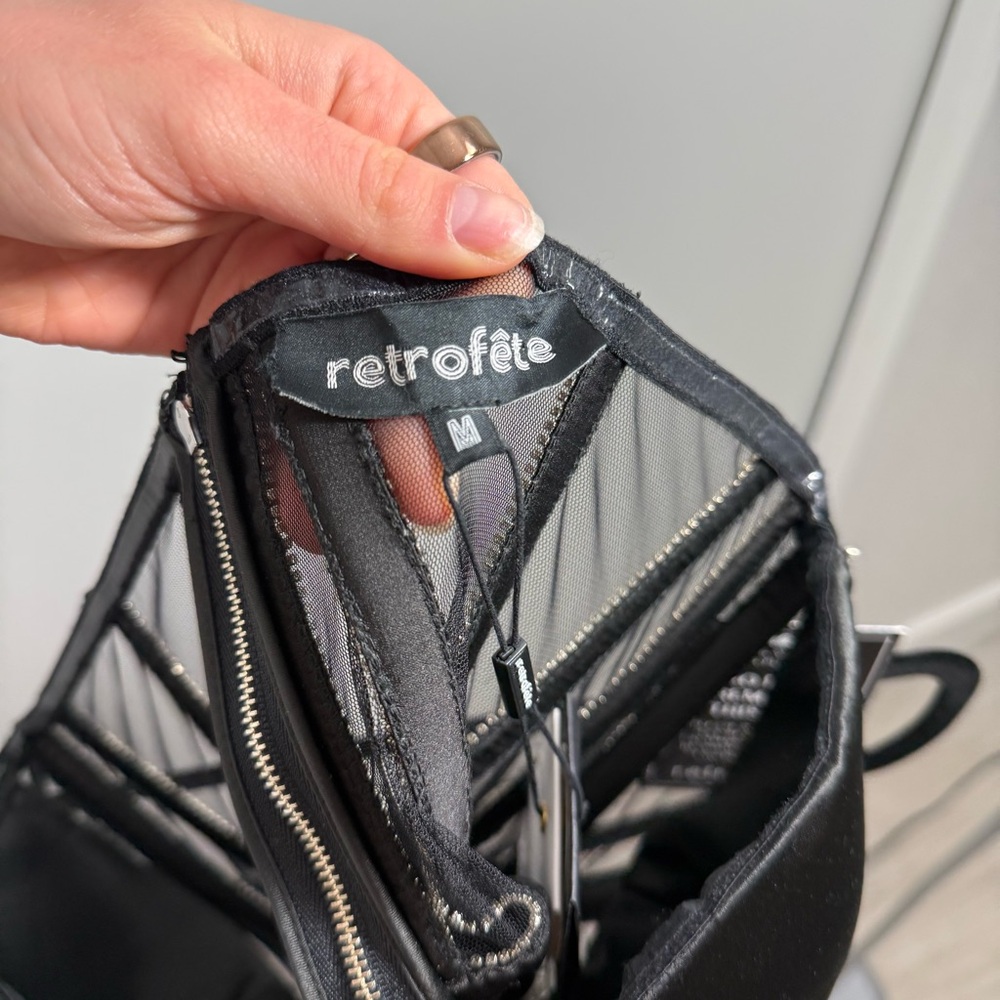 Retrofete Ludlow Mini Dress Sz Medium Satin Corset Strapless Rhinestone Black - Picture 15 of 16